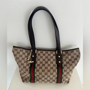 Authentic GUCCI Web Sherry Line Tote
Bag GG Canvas Leather Brown.